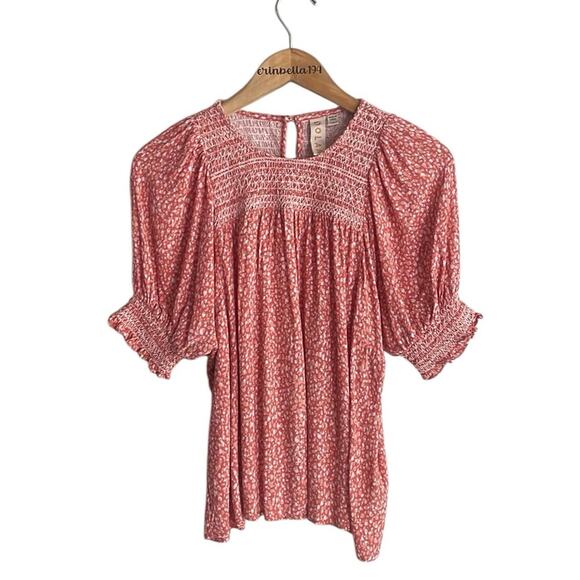 Anthropologie DOLAN Collection Rebecca Smocked Blouse Orange Motif - Picture 2 of 15